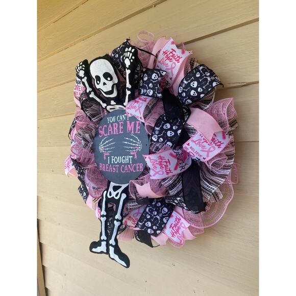 Halloween Breast Cancer Awareness Wreath – Skeleton “You Can’t Scare Me” Decor - Picture 8 of 10
